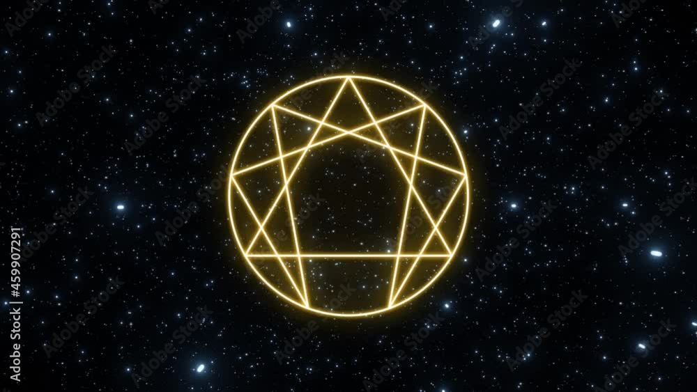 Sticker enneagram symbol in yellow color on a background of the universe with moving stars. looping video