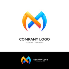 letter M logo design with 3d blue and orange color style