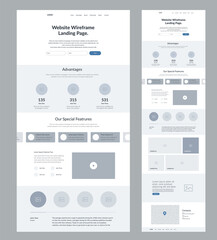 Website design template. Modern wireframe landing page for development. Flat one page site. UI UX elements. 