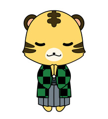 市松模様の羽織を着たお祈りをしているトラのキャラクターのイラスト