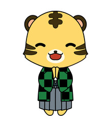 市松模様の羽織を着たお祈りをしているトラのキャラクターのイラスト