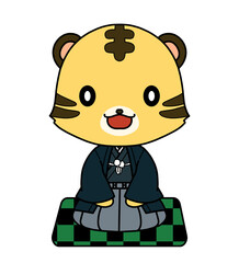 市松模様の座布団に正座で座っているトラのキャラクターのイラスト