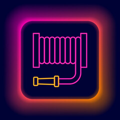 Glowing neon line Fire hose reel icon isolated on black background. Colorful outline concept. Vector