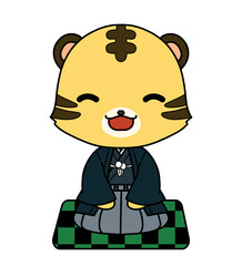 市松模様の座布団に正座で座っているトラのキャラクターのイラスト