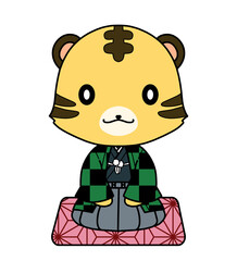 市松模様の羽織を着た正座をしているトラのキャラクターのイラスト