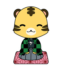 市松模様の羽織を着た正座をしているトラのキャラクターのイラスト