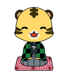 市松模様の羽織を着た正座をしているトラのキャラクターのイラスト
