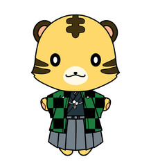 市松模様の羽織を着たトラのキャラクターのイラスト