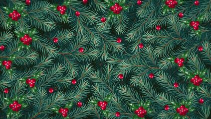 Realistic vector Christmas tree branches background with red berries and holly leafs