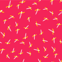 Line Needle for sewing with thread icon isolated seamless pattern on red background. Tailor symbol. Textile sew up craft sign. Embroidery tool. Vector