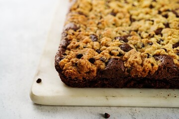 Homemade brookies or chocolate chip brownie bars, selective focus