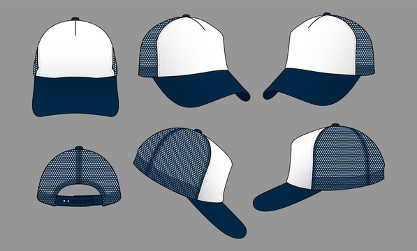 Navy Blue-White Trucker Cap With Mesh Four Panel Back and Adjustable Snap Back Strap Design On Gray Background, Vector File
