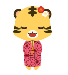 麻の葉文様の着物を着たお祈りをしているトラの女の子のキャラクターのイラスト