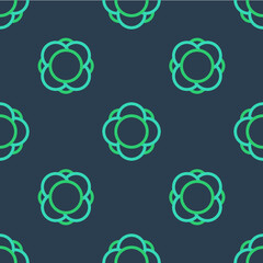Line Molecule icon isolated seamless pattern on blue background. Structure of molecules in chemistry, science teachers innovative educational poster. Vector