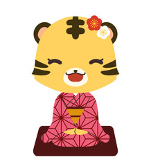 麻の葉文様の着物を着た正座をしているトラの女の子のキャラクターのイラスト