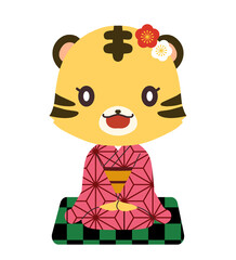 麻の葉文様の着物を着た正座をしているトラの女の子のキャラクターのイラスト