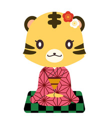 麻の葉文様の着物を着た正座をしているトラの女の子のキャラクターのイラスト