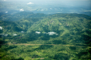 Aerial view of the Imatong Mountains and surrounding wilderness in South Sudan.