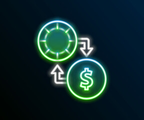 Glowing neon line Casino chips exchange on stacks of dollars icon isolated on black background. Colorful outline concept. Vector