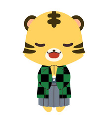 市松模様の羽織を着たお祈りをしているトラのキャラクターのイラスト