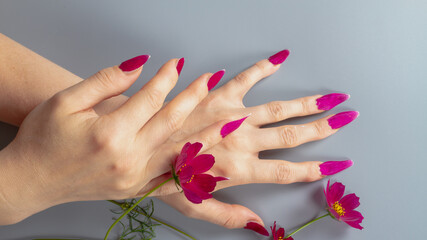 Nails made of crimson petals, natural manicure made of plant petals