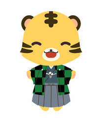 市松模様の羽織を着たトラのキャラクターのイラスト