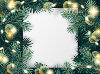 Vector Christmas square frame with tree branches, light garlands and white paper. Christmas decoration concept