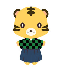 市松模様の着物を着たトラのキャラクターのイラスト