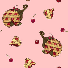 Festive seamless pattern in a watercolor manner. Bright image of berry pie on a pink background. For holidays, textiles, printing.