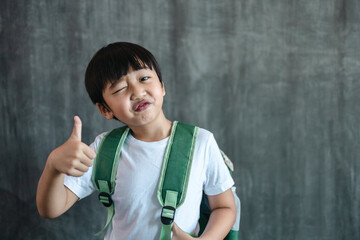 Portrait Asian boy showing making thumb up sign like and smiling cheerfully, back to school 