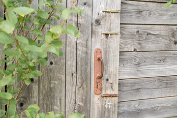 Door of an old wooden shed or toilet with a rusty doorknob and three latches, next to a tree, in a village.