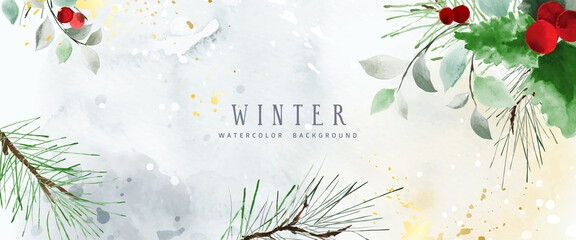 Watercolor winter art background with berries and seasonal leaves