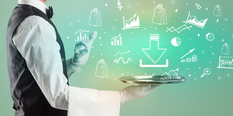 Handsome young waiter in tuxedo holding money icons on tray