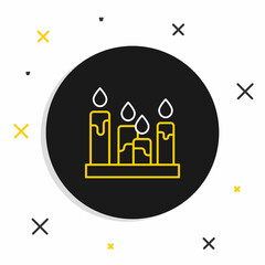 Line Burning candle icon isolated on white background. Cylindrical aromatic candle stick with burning flame. Happy Halloween party. Colorful outline concept. Vector