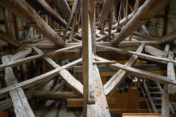 wooden contruction inside medieval 16e century bell tower made of deprecated ship masts in Enkhuizen, The Netherlands