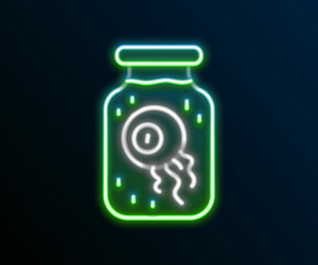 Glowing neon line Eye in a jar icon isolated on black background. Happy Halloween party. Colorful outline concept. Vector