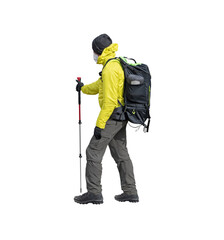 Active hiker with backpack and trekking poles isolated on white background