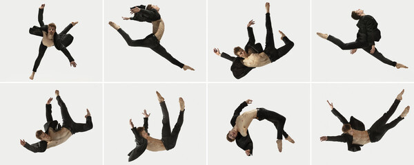 Dance of feelings. Amazing performance of one flexible male ballet dancer practicing isolated on white background. Collage