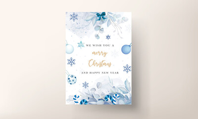 beautiful christmas card template with white and blue christmas ornaments