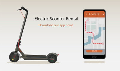 Electric scooter rental mobile app concept. Internet advertisement mock-up. Ads template. E-scooter sharing service. Realistic vector illustration