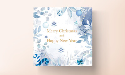 beautiful christmas card template with white and blue christmas ornaments
