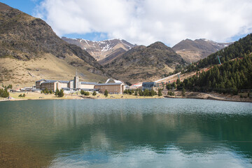 Far view of Nuria's monastery from the lake, Catalonia