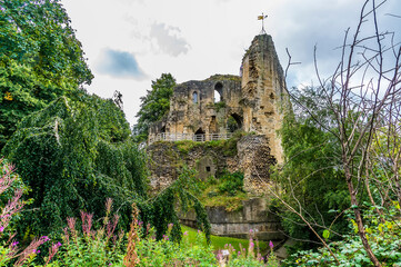 A view from the castle gardens towards the castle ruins in the town of Knaresborough in Yorkshire,...