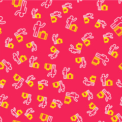 Line Tourist with suitcase icon isolated seamless pattern on red background. Travelling, vacation, tourism concept. Vector