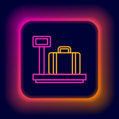 Glowing neon line Scale with suitcase icon isolated on black background. Logistic and delivery. Weight of delivery package on a scale. Colorful outline concept. Vector