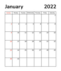 Planner monthly pages 2022. January month calendar page. Organizer scheduler timetable vector template. Wall desk table corporate calendar. Week starts on Sunday. Winter months