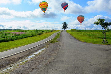 Travel and tourism. Colorful hot air balloons fly over the mountains and hills. Beautiful flower garden on a basket at Singha Park, Chiang Rai, Thailand