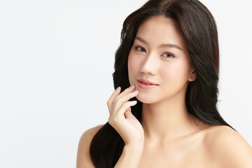 Beautiful young asian woman with clean fresh skin on white background, Face care, Facial treatment, Cosmetology, beauty and spa, Asian women portrait.