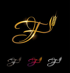 Golden Wheat and Grain Monogram Initial Letter F
