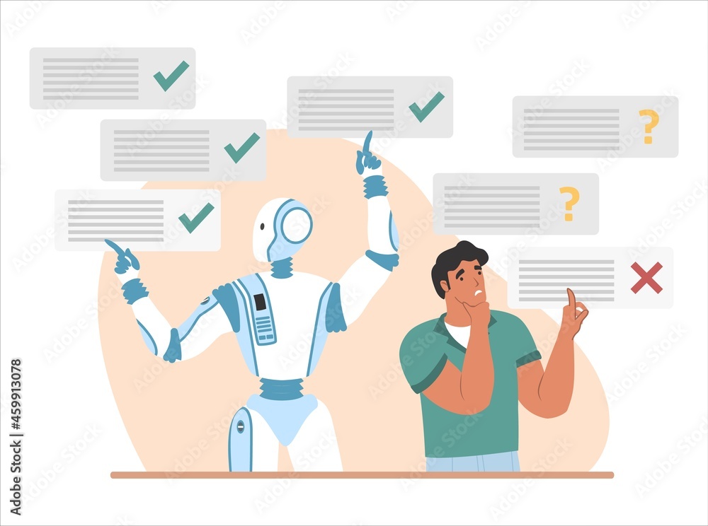 Poster robot machine answering questions much more quickly and properly than human, vector illustration. ro